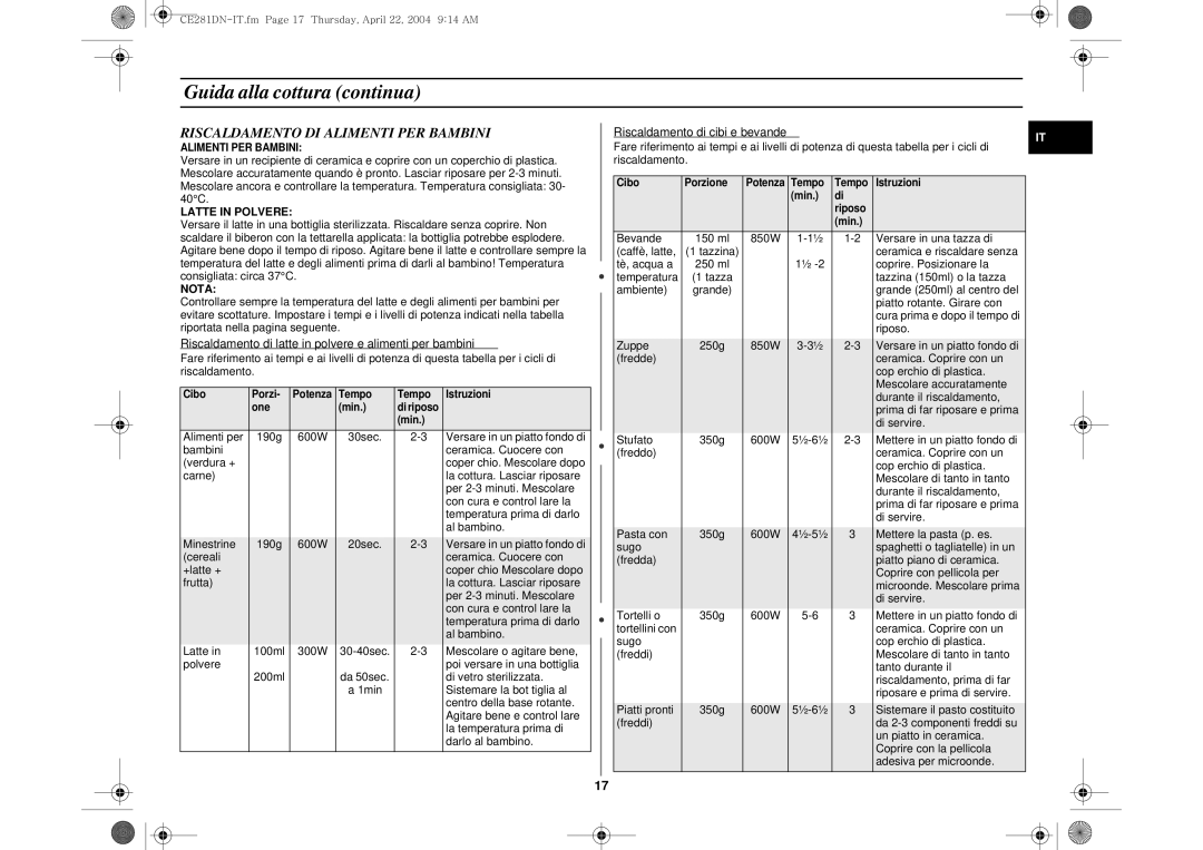 Samsung CE281DN/XET manual Riscaldamento DI Alimenti PER Bambini, Riscaldamento di latte in polvere e alimenti per bambini 