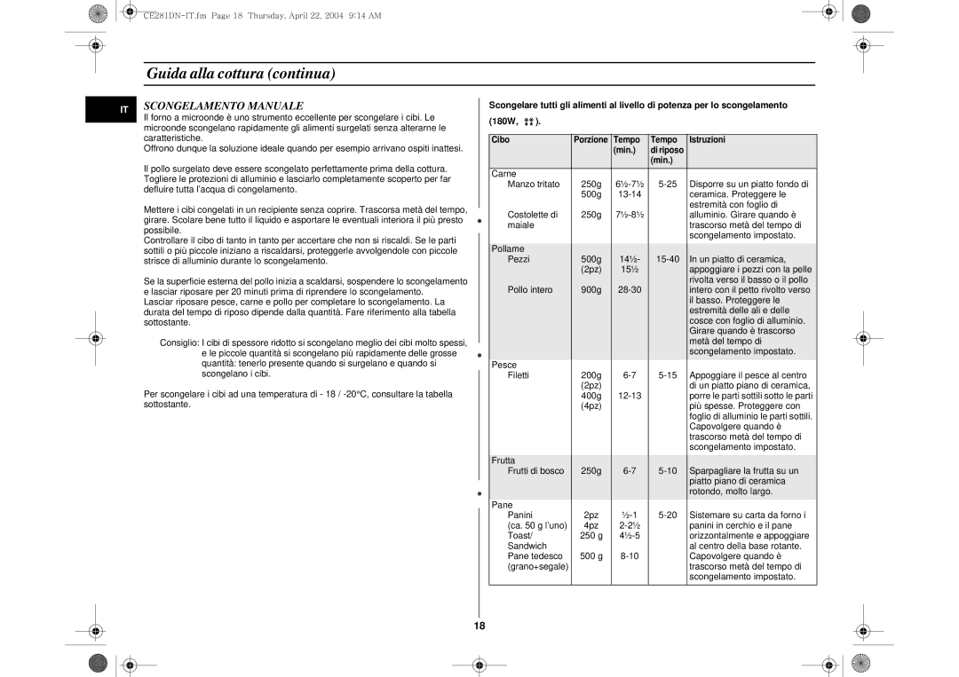 Samsung CE281DN/XET manual Scongelamento Manuale 