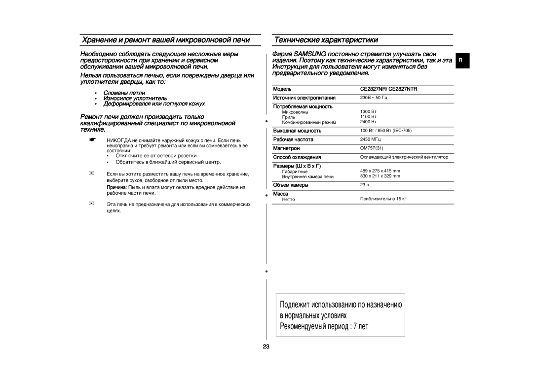 Samsung CE2827NR/BWT manual ‡Ìâìëâ Ë Âïóìú ‚‡¯Âè Ïëíó‚Óîìó‚Óè Ôâ˜Ë, ÍÂıÌË˜ÂÒÍËÂ ı‡‡ÍÚÂËÒÚËÍË 