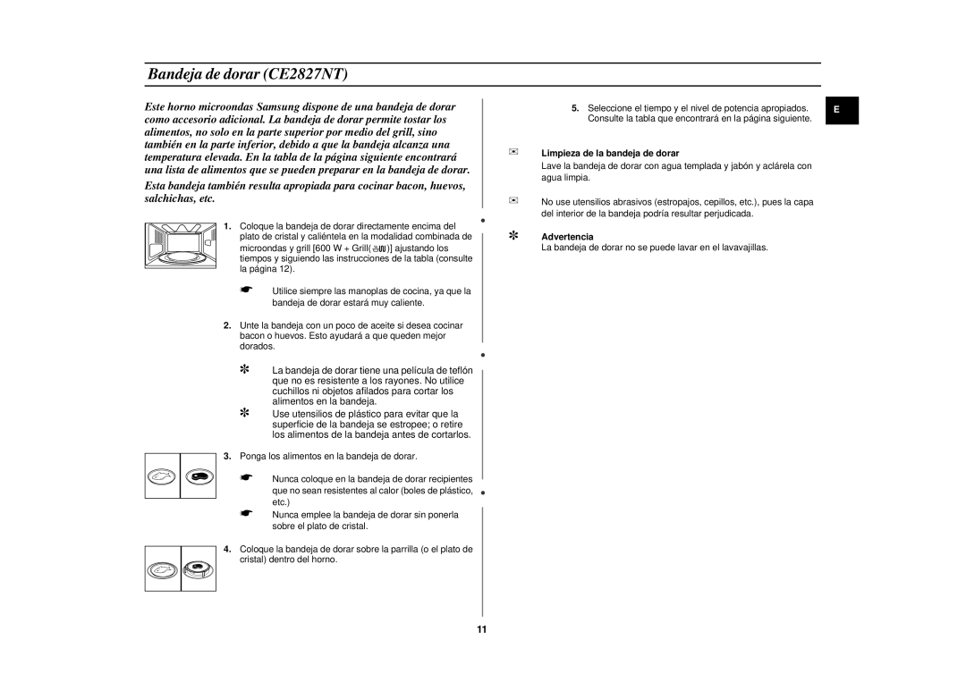 Samsung CE2827N-D/XEC, CE2827N/XEC, CE2827NT/XEC, CE2827N-B/XEC Bandeja de dorar CE2827NT, Limpieza de la bandeja de dorar 