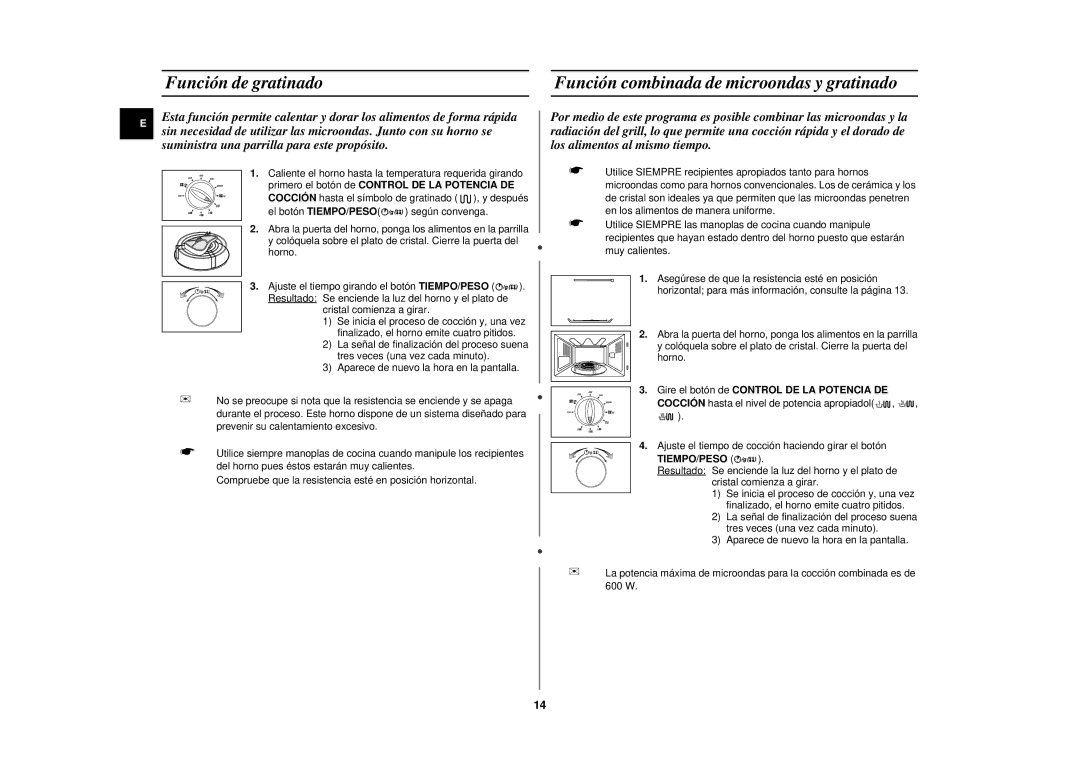 Samsung CE2827N-B/XEC, CE2827N/XEC, CE2827NT/XEC manual Función de gratinado, Gire el botón de Control DE LA Potencia DE 