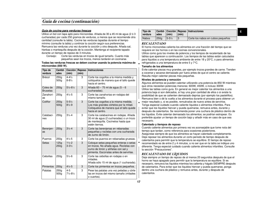 Samsung CE2827NT/XEC manual Guía de cocina continuación, Recalentado DE Líquidos, Guía de cocina para verduras frescas 