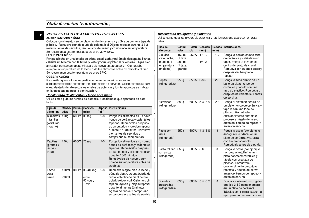 Samsung CE2827N-B/XEC, CE2827N/XEC manual Recalentado DE Alimentos Infantiles, Recalentado de alimentos y leche para niños 