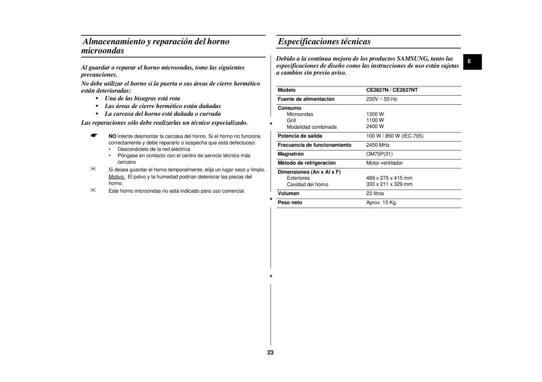 Samsung CE2827N-D/XEC, CE2827N/XEC manual Almacenamiento y reparación del horno microondas, Especificaciones técnicas 