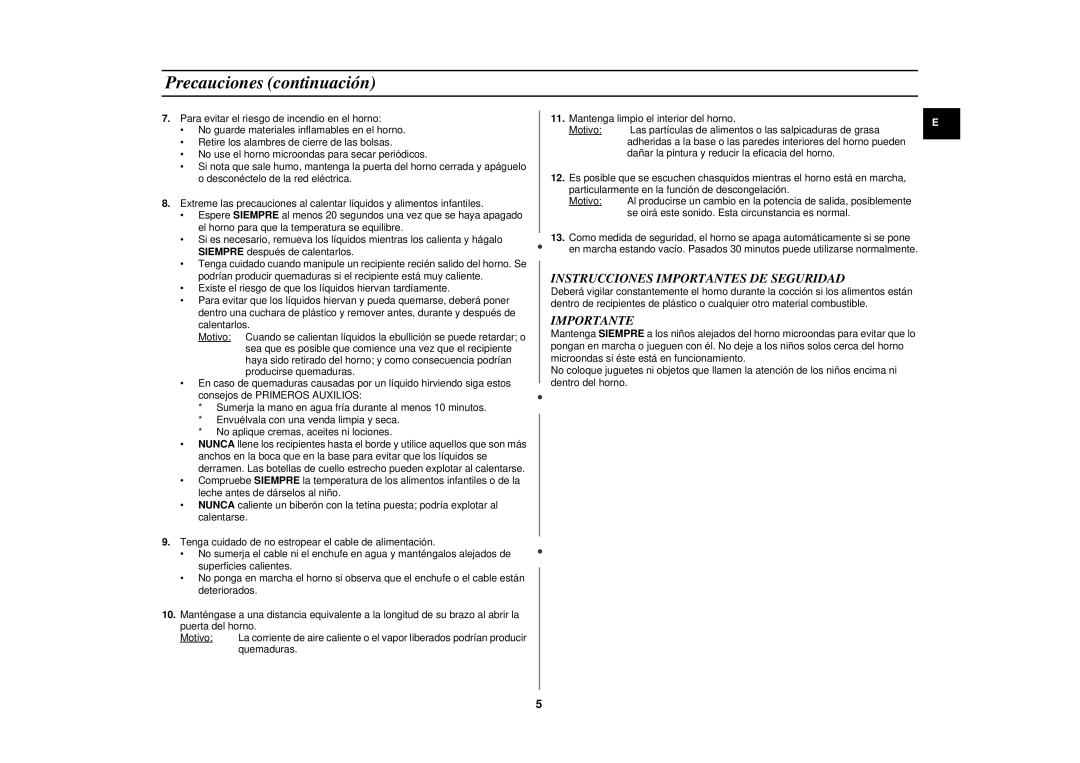 Samsung CE2827NT/XEC, CE2827N/XEC, CE2827N-B/XEC manual Precauciones continuación, Instrucciones Importantes DE Seguridad 