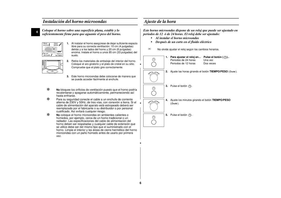 Samsung CE2827N-B/XEC, CE2827N/XEC, CE2827NT/XEC manual Instalación del horno microondas Ajuste de la hora, Pulse el botón 