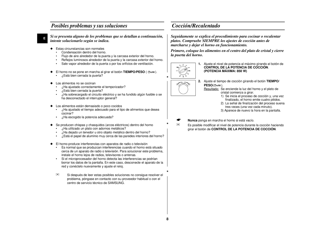 Samsung CE2827N/XEC, CE2827NT/XEC manual Cocción/Recalentado, Control DE LA Potencia DE Cocción Potencia Máxima 850 W 