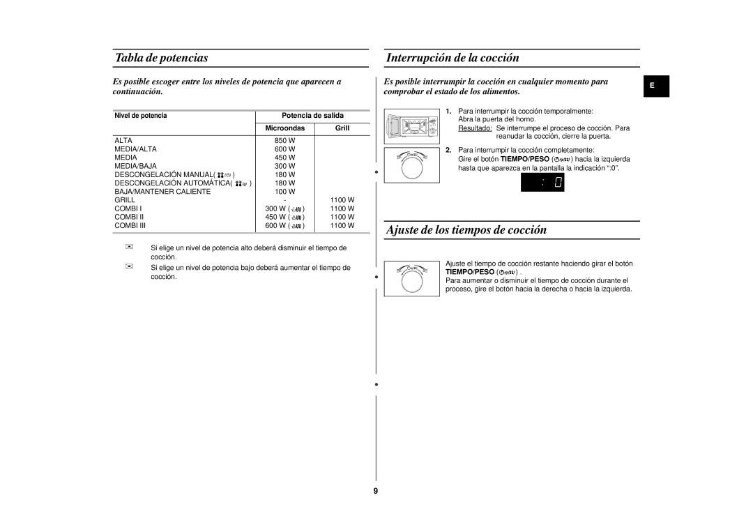 Samsung CE2827NT/XEC, CE2827N/XEC manual Tabla de potencias, Interrupción de la cocción, Ajuste de los tiempos de cocción 