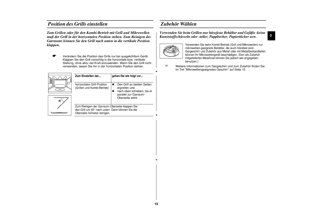 Samsung CE282DN/XEN, CE282DN-S/XEG, CE282DN/XEG manual Position des Grills einstellen, Zubehör Wählen 