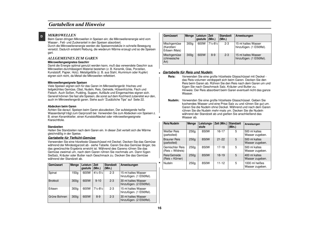 Samsung CE282DN/XEN manual Gartabellen und Hinweise, Mikrowellen, Allgemeines ZUM Garen, Gartabelle für Tiefkühl-Gemüse 