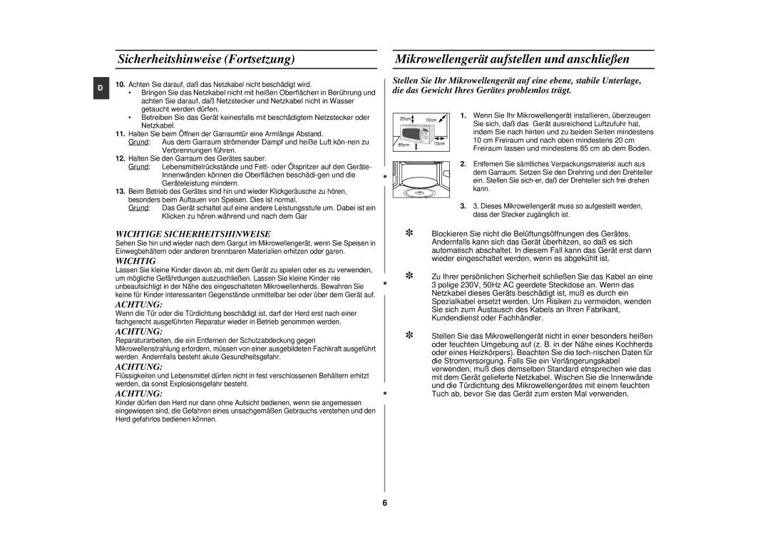 Samsung CE282DN-S/XEG manual Sicherheitshinweise Fortsetzung, Mikrowellengerät aufstellen und anschließen, Wichtig, Achtung 