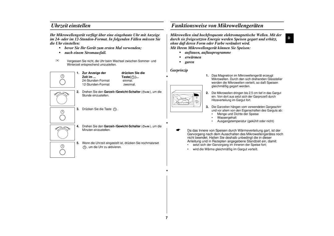 Samsung CE282DN/XEN, CE282DN/XEG Uhrzeit einstellen, Funktionsweise von Mikrowellengeräten, Zur Anzeige der, Zeit im Taste 