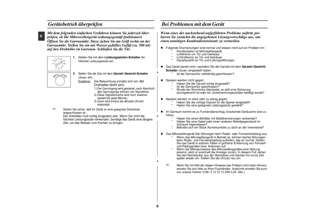 Samsung CE282DN/XEG, CE282DN-S/XEG manual Gerätebetrieb überprüfen, Bei Problemen mit dem Gerät, Höchste Leistungsstufe ein 