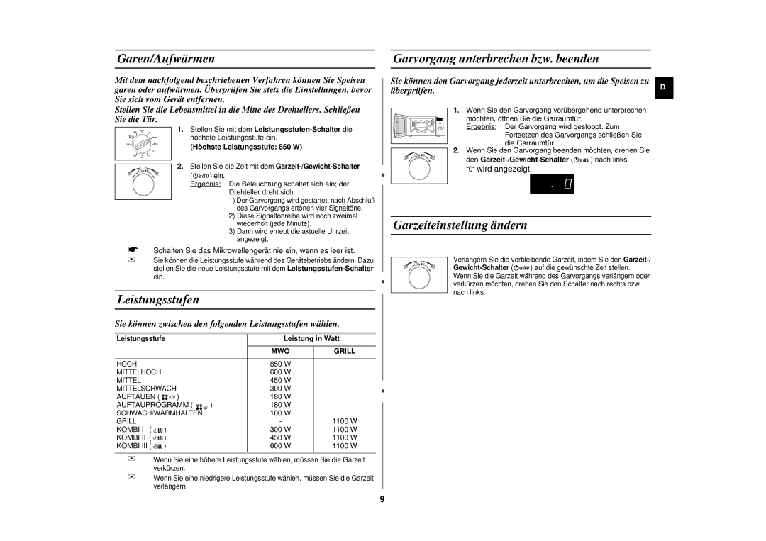 Samsung CE282DN-S/XEG Garen/Aufwärmen, Leistungsstufen, Garvorgang unterbrechen bzw. beenden, Garzeiteinstellung ändern 