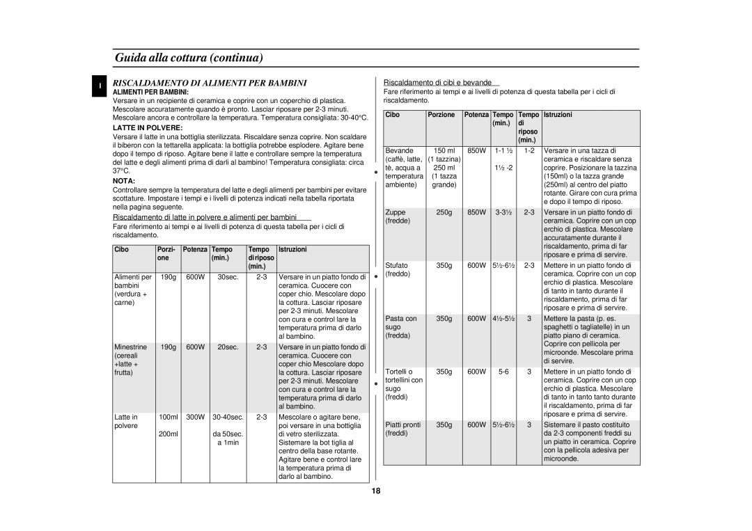 Samsung CE282DN-S/XET manual Riscaldamento DI Alimenti PER Bambini, Latte in Polvere, Nota, Riscaldamento di cibi e bevande 