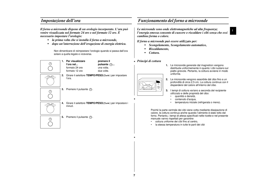 Samsung CE282DN/XET, CE282DN-S/XET manual Impostazione dell’ora, Funzionamento del forno a microonde 