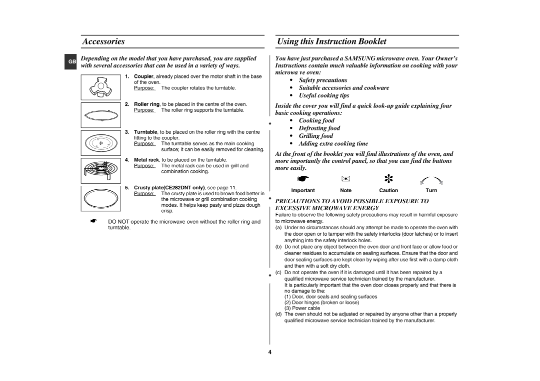 Samsung CE282DN/BOL, CE282DN-S/BOL manual Accessories Using this Instruction Booklet, Crusty plateCE282DNT only, see 