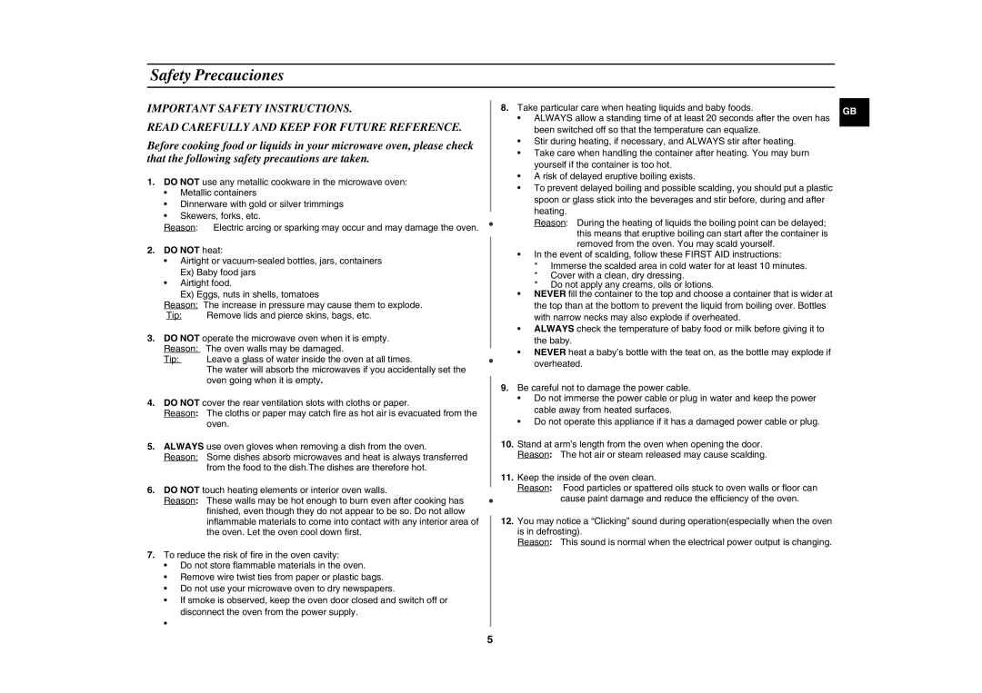 Samsung CE282DN-S/BOL, CE282DN/BOL manual Safety Precauciones, Do not heat 