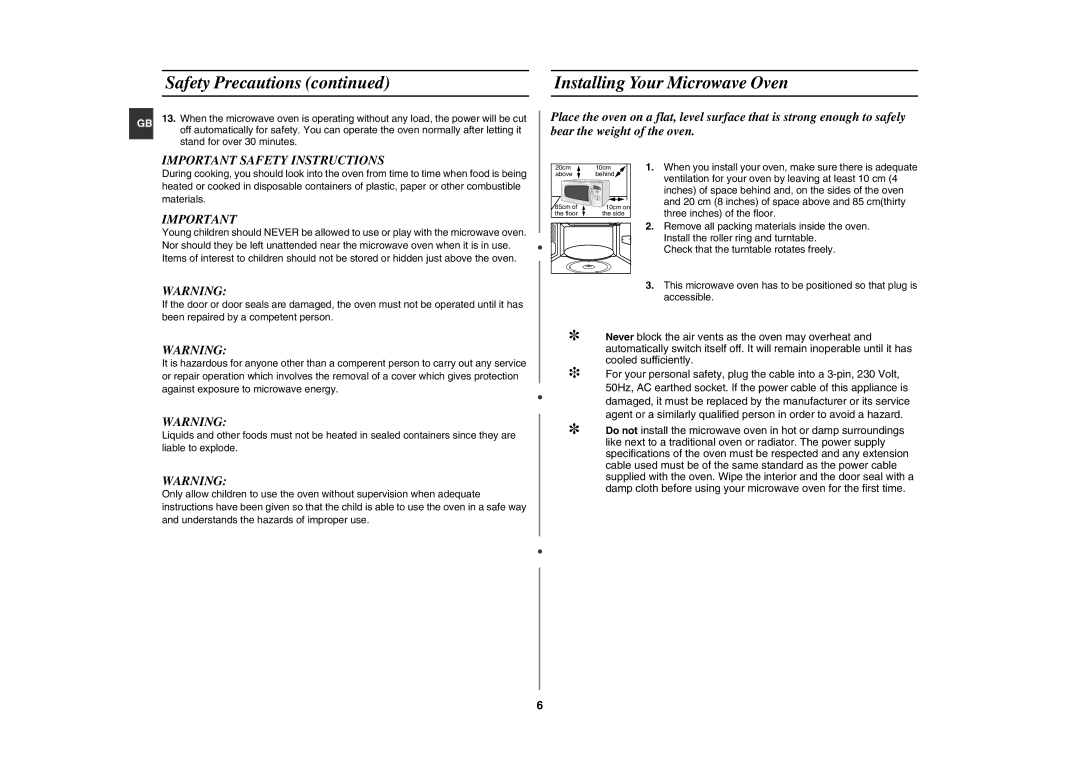 Samsung CE282DN/BOL, CE282DN-S/BOL manual Safety Precautions, Installing Your Microwave Oven, Important Safety Instructions 