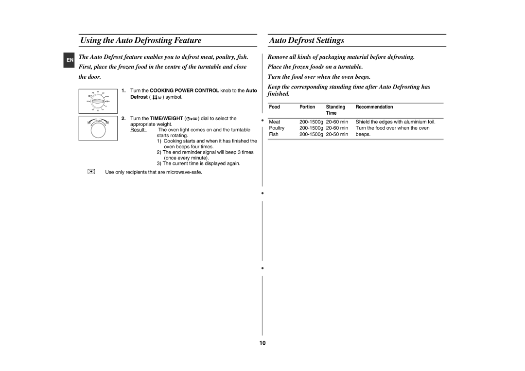 Samsung CE282DN/GEN manual Using the Auto Defrosting Feature, Auto Defrost Settings 