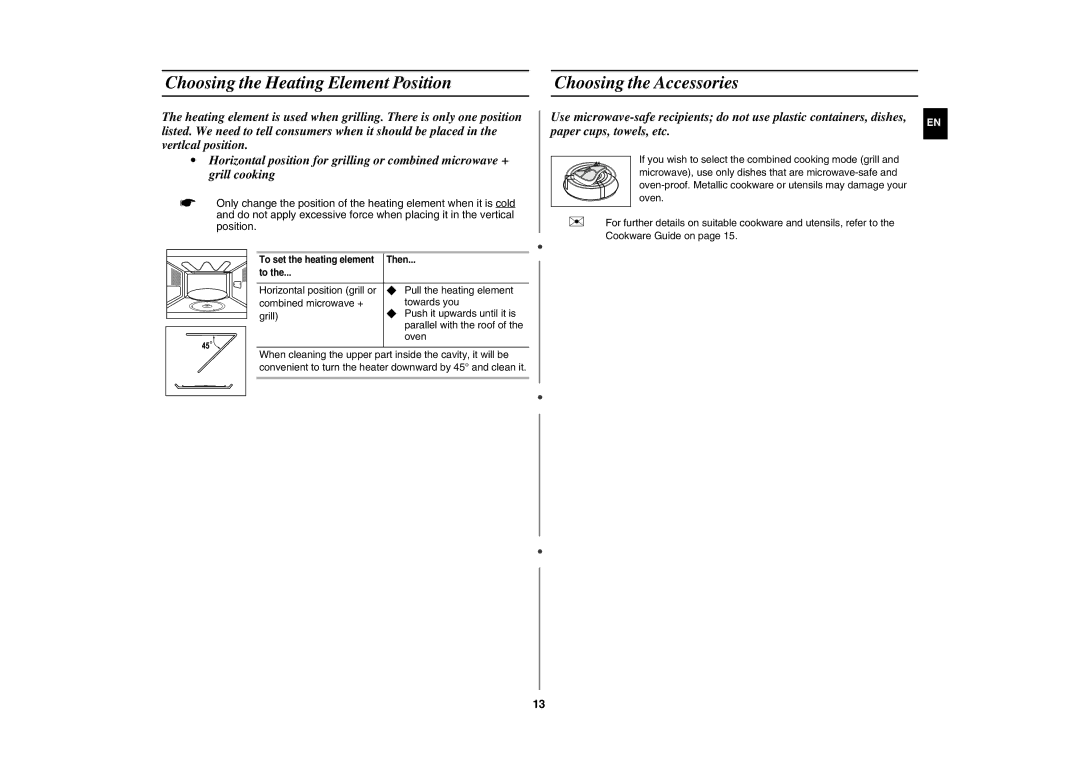 Samsung CE282DN/GEN manual Choosing the Heating Element Position, Choosing the Accessories 