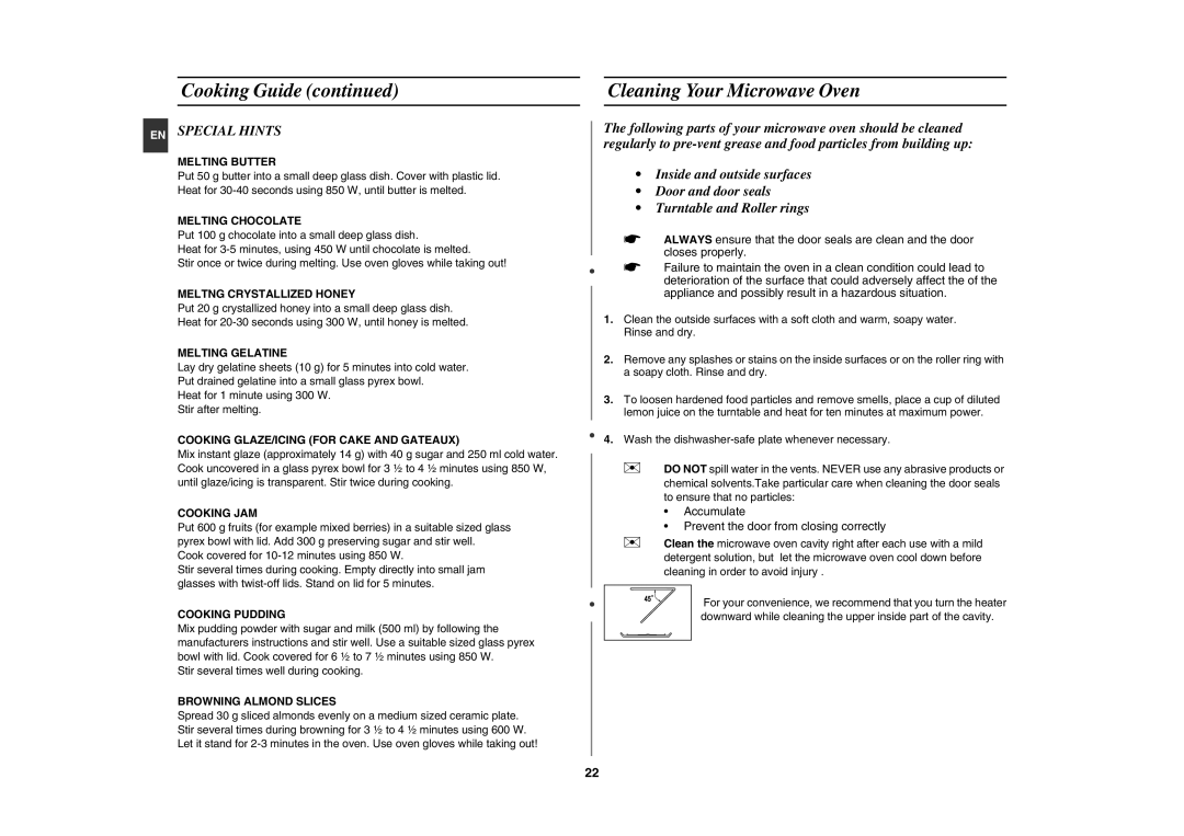 Samsung CE282DN/GEN manual Cleaning Your Microwave Oven, EN Special Hints 