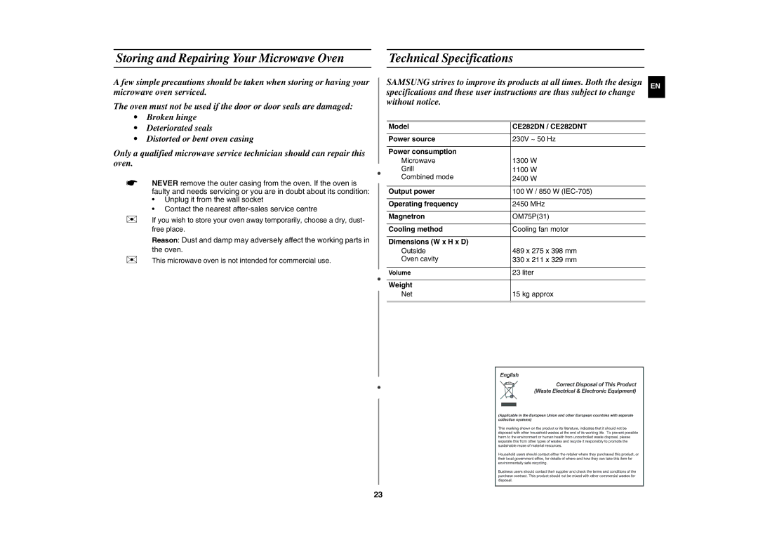 Samsung CE282DN/GEN manual Storing and Repairing Your Microwave Oven, Technical Specifications 