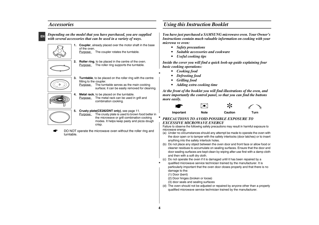 Samsung CE282DN/GEN manual Accessories Using this Instruction Booklet, Crusty plateCE282DNT only, see 