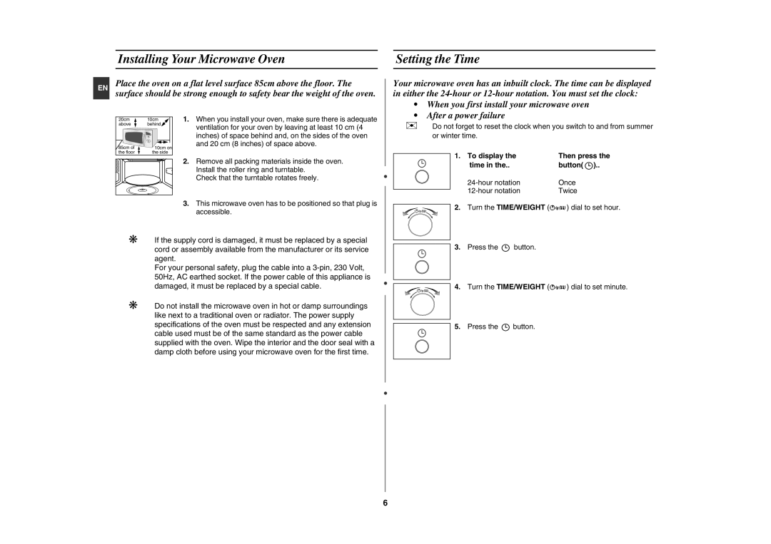 Samsung CE282DN/GEN manual Installing Your Microwave Oven Setting the Time, To display Then press Time Button 