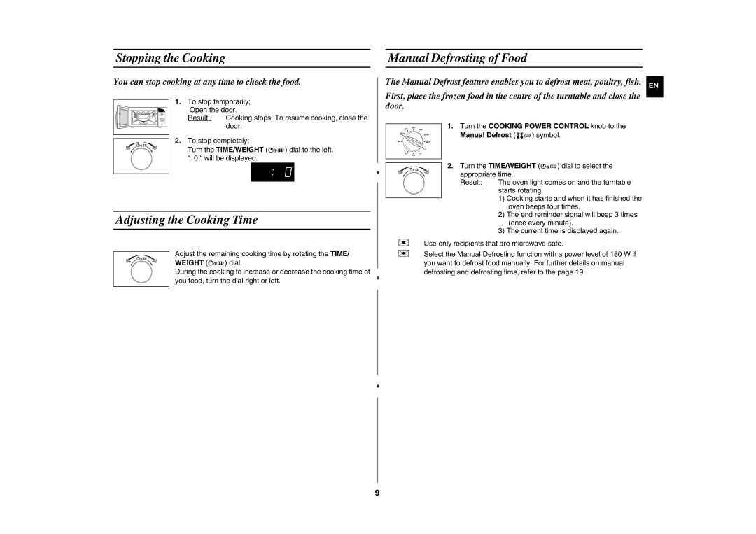 Samsung CE282DN/GEN manual Stopping the Cooking Manual Defrosting of Food, Adjusting the Cooking Time 