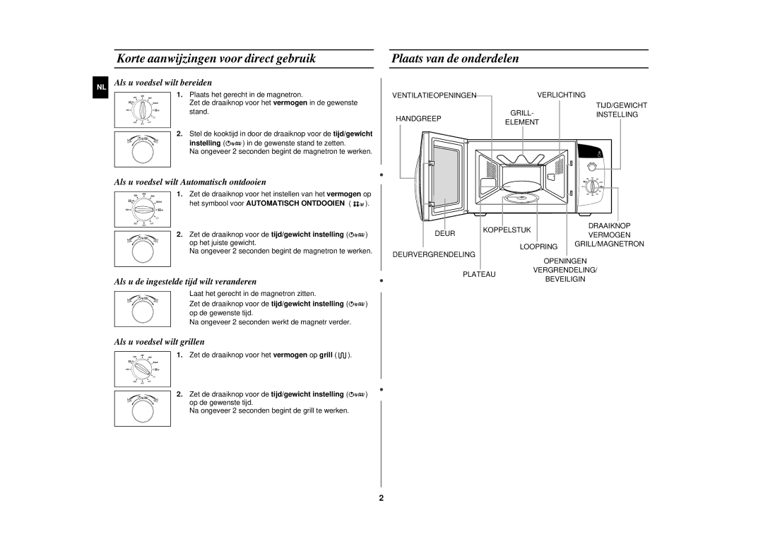 Samsung CE282DNT/XEF Als u voedsel wilt bereiden, Als u voedsel wilt Automatisch ontdooien, Als u voedsel wilt grillen 