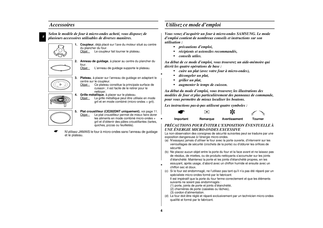 Samsung CE282DNT-Y/XEF, CE282DNT-K/XEF Accessoires Utilisez ce mode d’emploi, Important Remarque Avertissement Tourner 