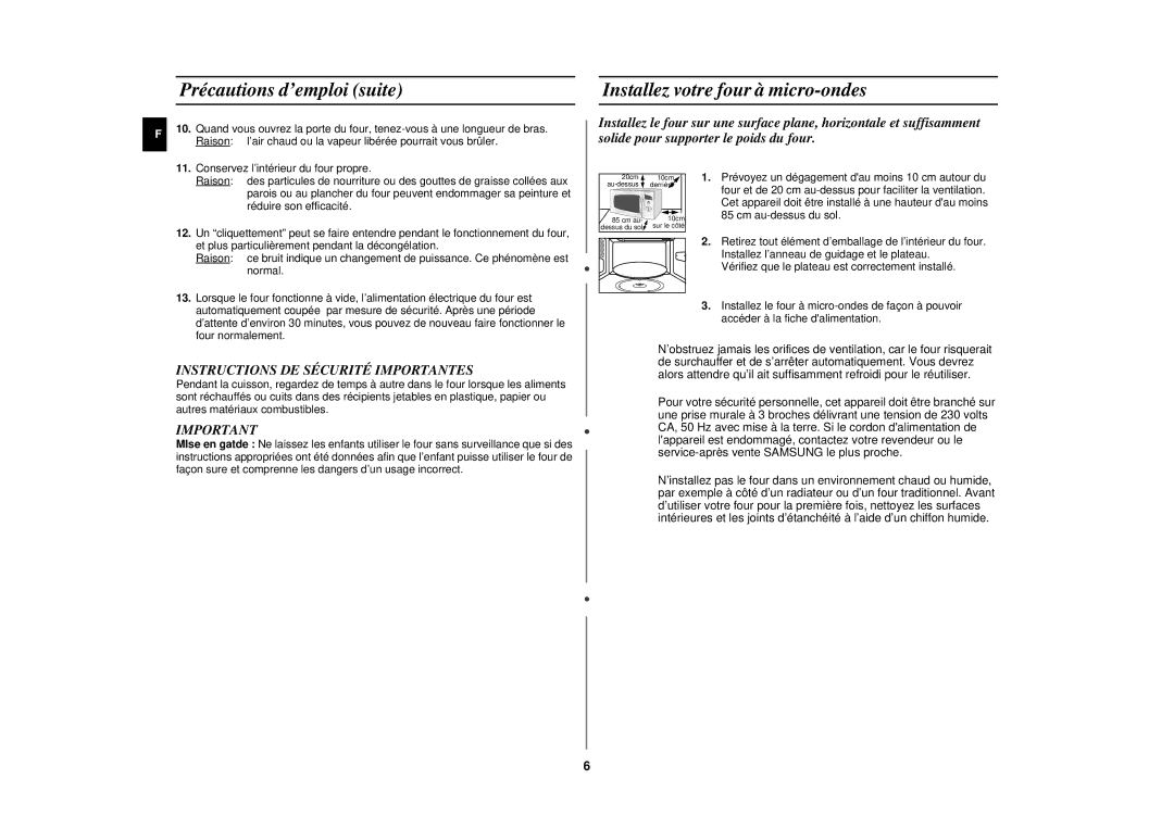 Samsung CE282DNT/XEF Précautions d’emploi suite, Installez votre four à micro-ondes, Instructions DE Sécurité Importantes 