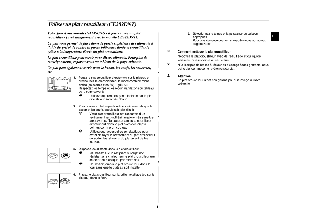 Samsung CE282DN/XEF, CE282DNT-Y/XEF manual Utilisez un plat croustilleur CE282DNT, Comment nettoyer le plat croustilleur 