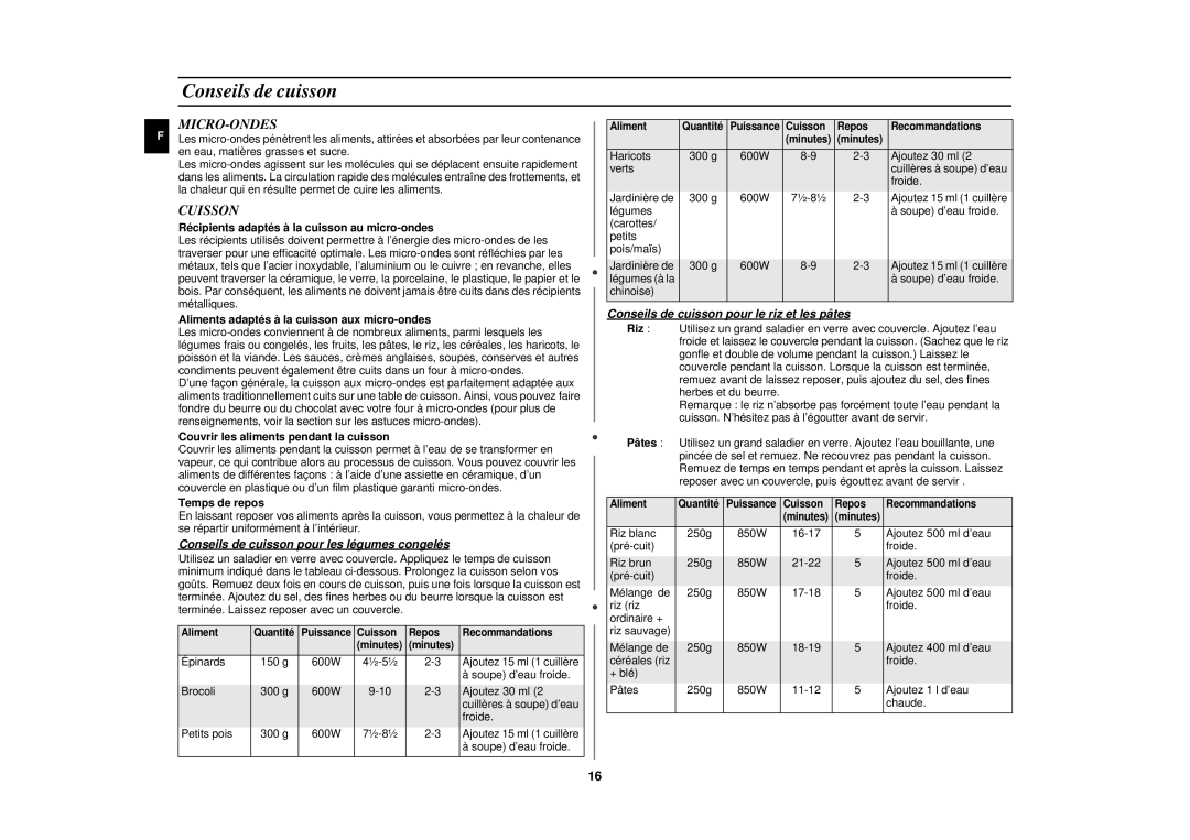 Samsung CE282DNT-Y/XEF, CE282DNT-K/XEF, CE282DN/XEF Micro-Ondes, Cuisson, Conseils de cuisson pour les légumes congelés 