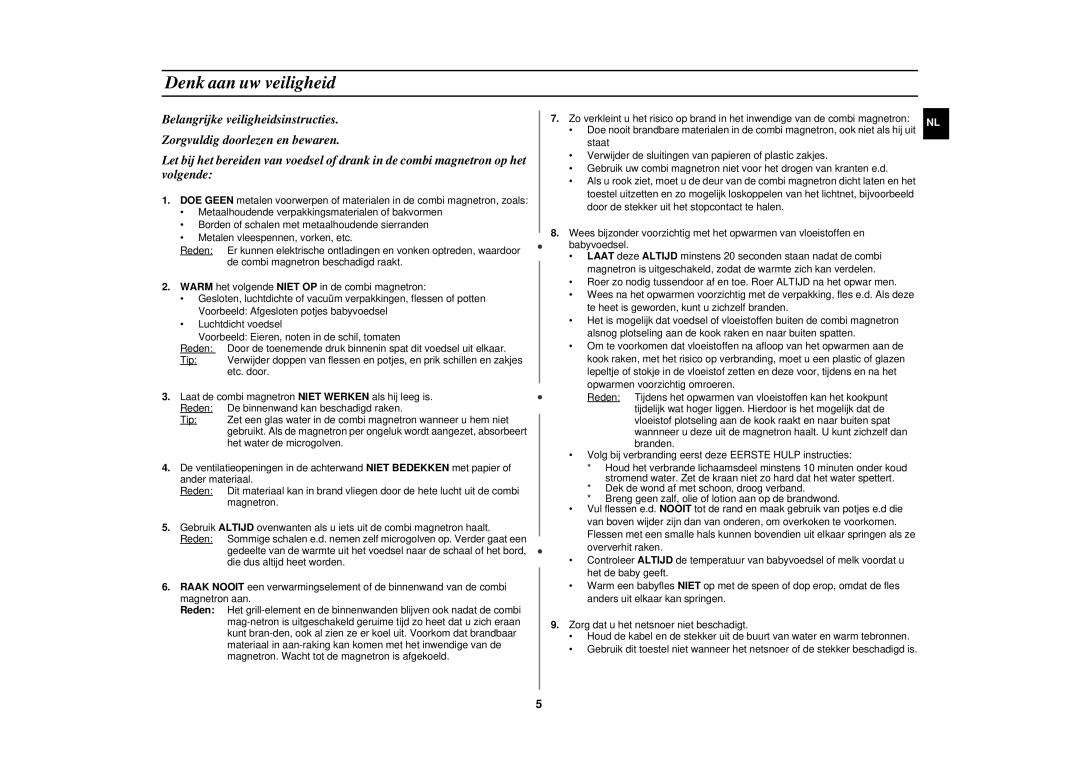 Samsung CE282DNT-K/XEF, CE282DNT-Y/XEF, CE282DNT/XEF, CE282DN/XEF manual Denk aan uw veiligheid 