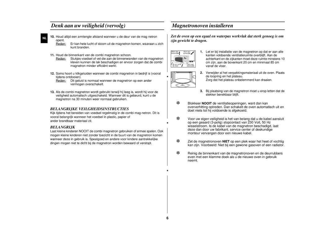 Samsung CE282DNT/XEF manual Denk aan uw veiligheid vervolg, Magnetronoven installeren, Belangrijke Veilgheidsinstructies 