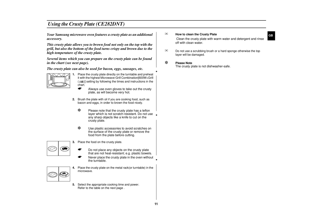 Samsung CE282DN/XEF, CE282DNT-Y/XEF manual Using the Crusty Plate CE282DNT, How to clean the Crusty Plate, Please Note 