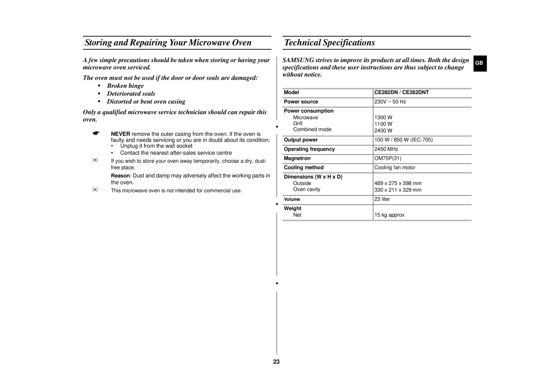 Samsung CE282DN/XEF, CE282DNT-Y/XEF, CE282DNT-K/XEF Storing and Repairing Your Microwave Oven, Technical Specifications 