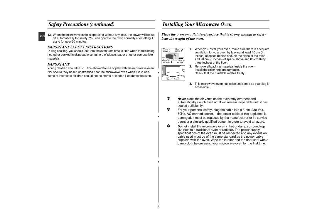 Samsung CE282DNT/XEF, CE282DNT-Y/XEF Safety Precautions, Installing Your Microwave Oven, Important Safety Instructions 