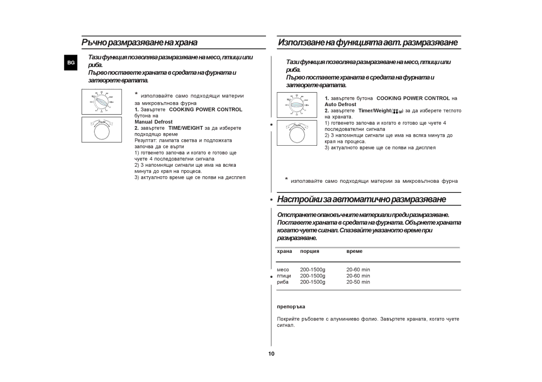 Samsung CE282DNT manual Ръчноразмразяваненахрана, Настройкизаавтоматичноразмразяване 
