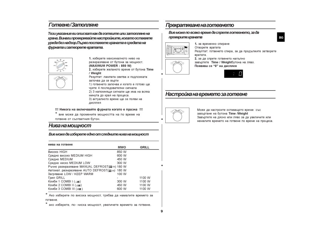 Samsung CE282DNT manual Готвене/Затопляне, Ниванамощност, Прекратяваненаготвенето, Настройканавреметозаготвене 