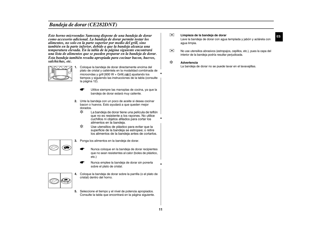 Samsung CE282DN-B/XEC, CE282DN/XEC manual Bandeja de dorar CE282DNT,  Limpieza de la bandeja de dorar,  Advertencia 