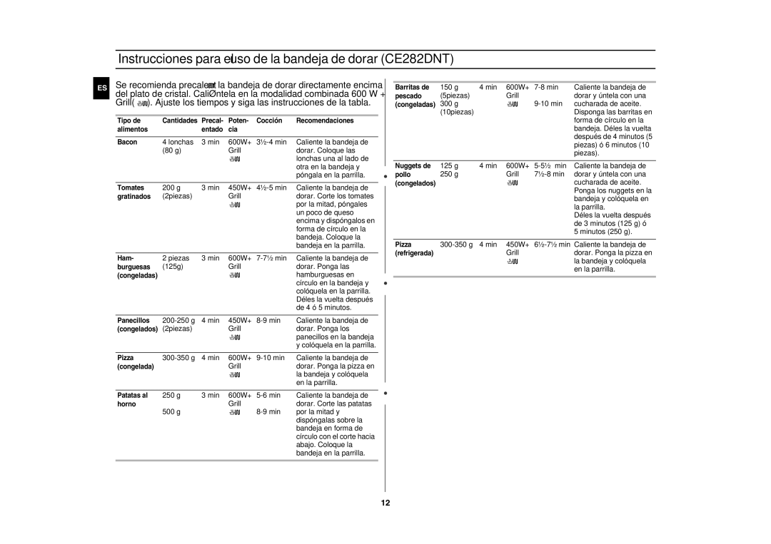 Samsung CE282DN/XEC, CE282DN-D/XEC, CE282DN-S/XEC, CE282DN-B/XEC Instrucciones para el uso de la bandeja de dorar CE282DNT 