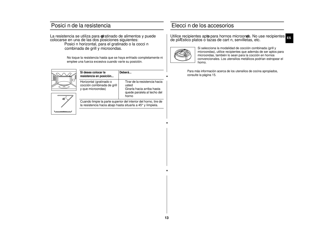 Samsung CE282DN-D/XEC, CE282DN/XEC, CE282DN-S/XEC, CE282DN-B/XEC manual Posición de la resistencia, Elección de los accesorios 