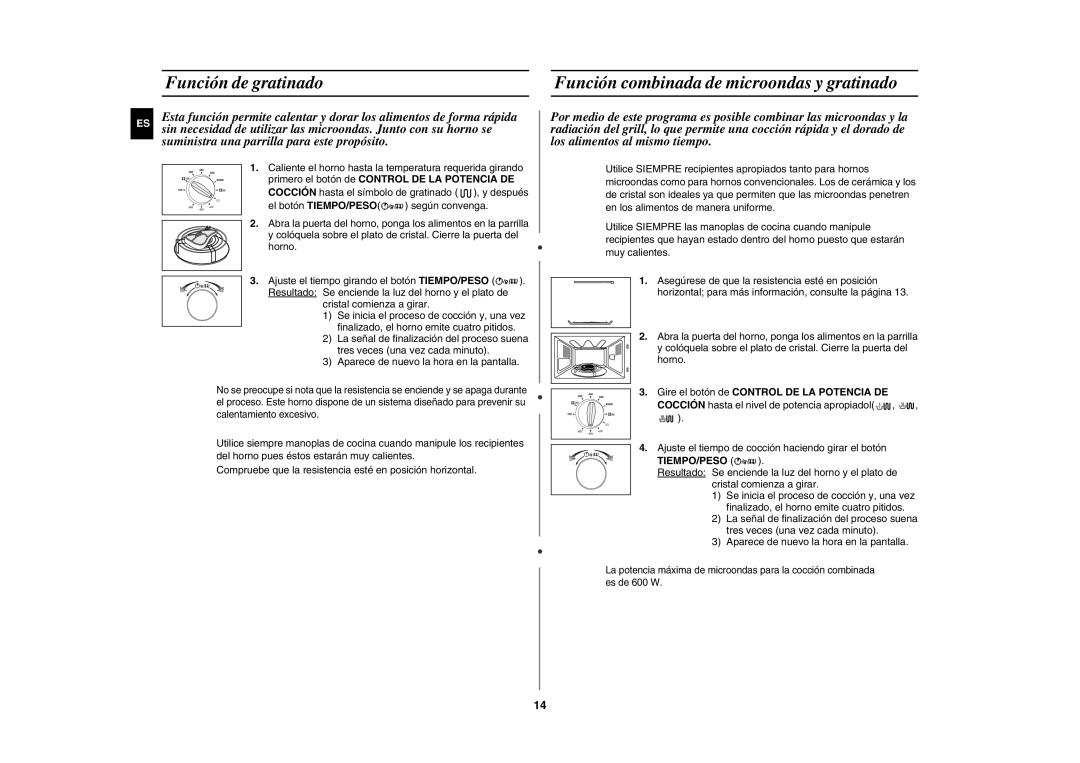 Samsung CE282DN-S/XEC, CE282DN/XEC, CE282DN-D/XEC manual Función de gratinado, Función combinada de microondas y gratinado 