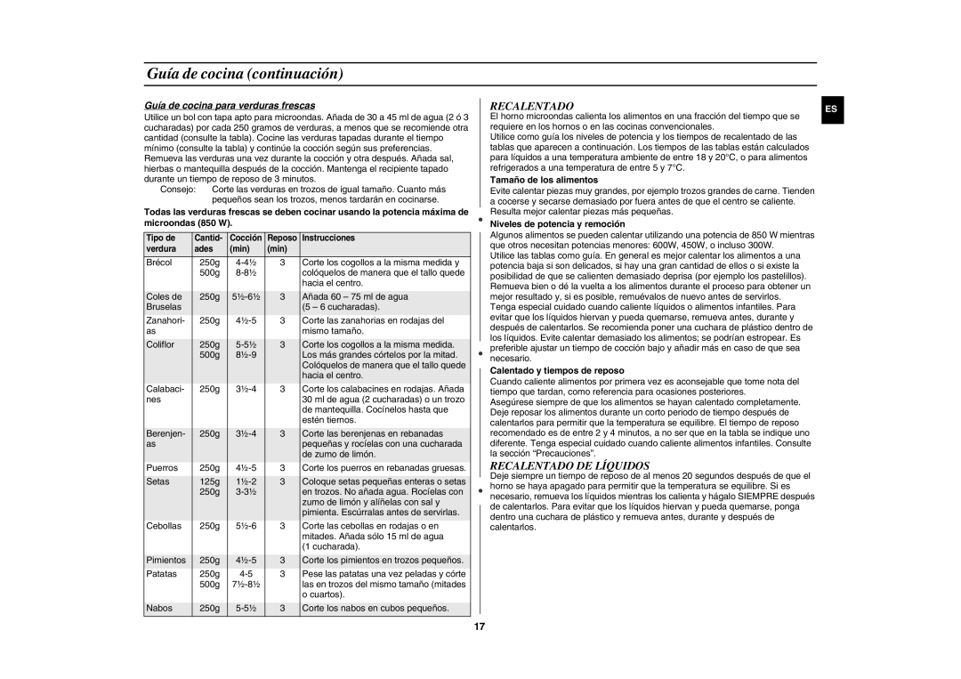 Samsung CE282DN-D/XEC manual Guía de cocina continuación, Recalentado DE Líquidos, Guía de cocina para verduras frescas 