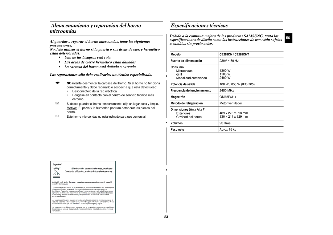 Samsung CE282DN-B/XEC, CE282DN/XEC manual Almacenamiento y reparación del horno microondas, Especificaciones técnicas 