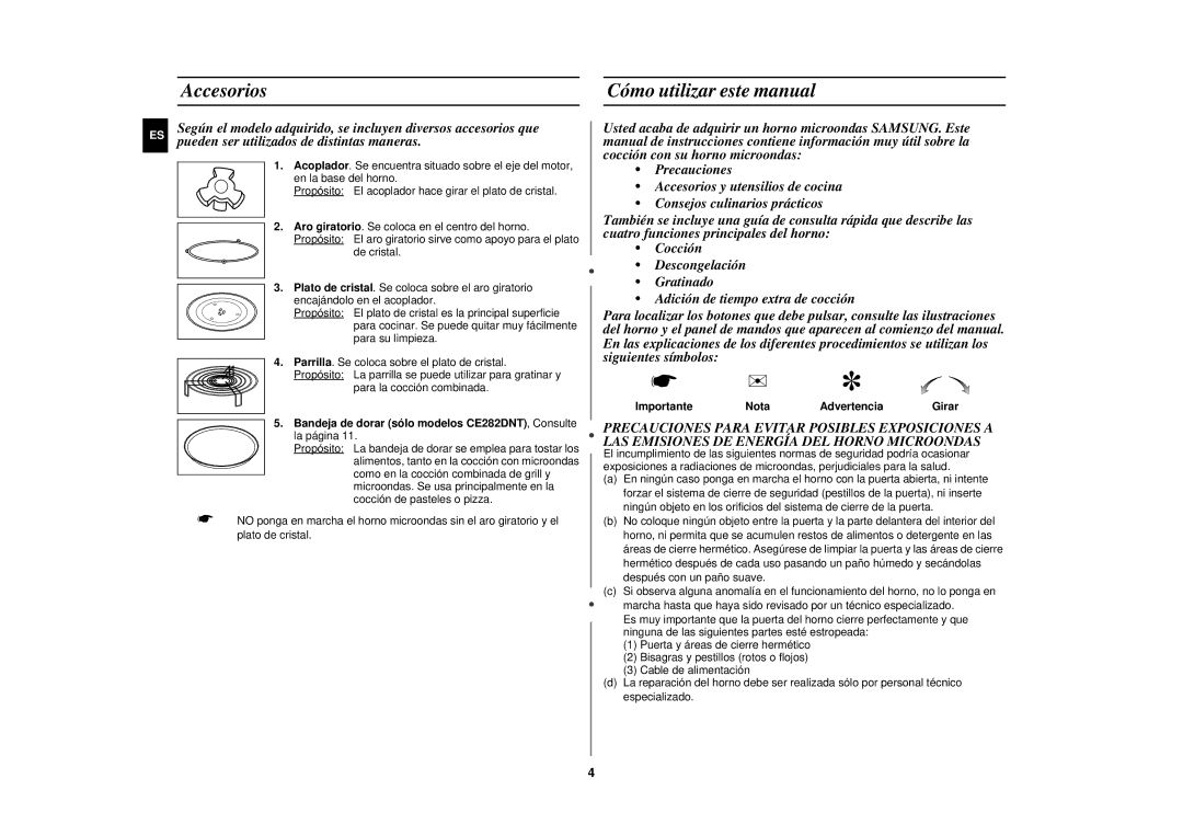 Samsung CE282DN/XEC Accesorios Cómo utilizar este manual, Bandeja de dorar sólo modelos CE282DNT, Consulte la página 