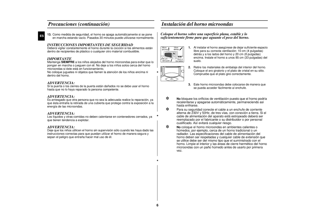 Samsung CE282DN-S/XEC Precauciones continuación Instalación del horno microondas, Instrucciones Importantes DE Seguridad 